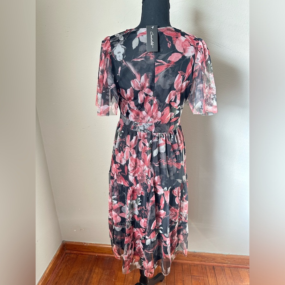 Black and Pink Floral Midi Dress with Short Sleeves